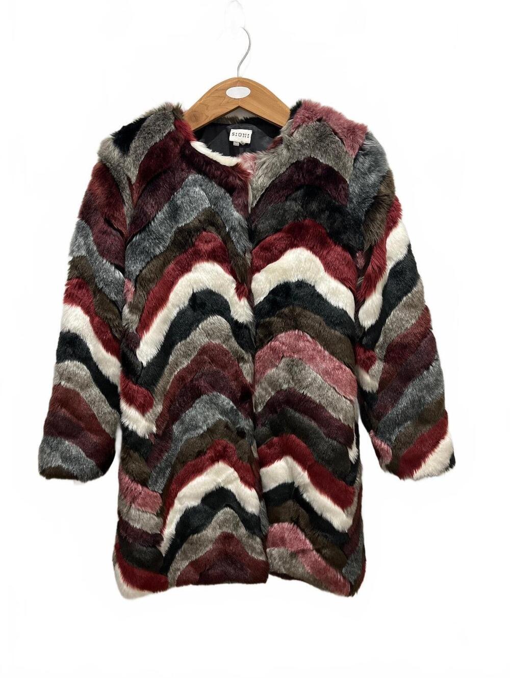 Sioni Studio Faux Fur Chevron Pattern Coat Medium